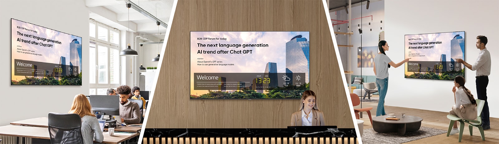 Company notices are uniformly displayed on screens in the office, lobby, and break areas.