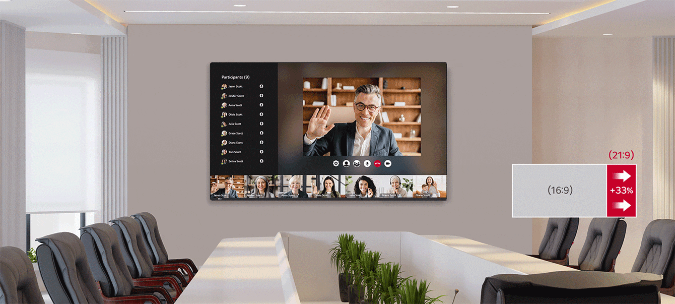 The 105BM5N screen with a 21:9 ratio is installed in a meeting room, providing more information than a 16:9 screen.