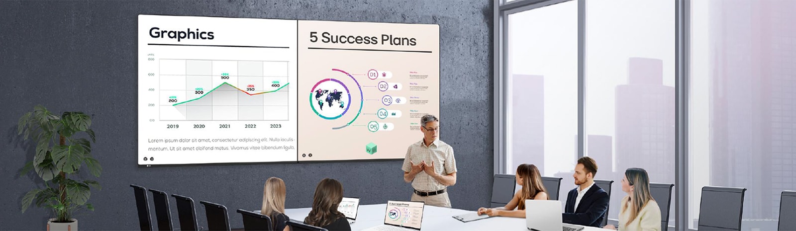 The screens of meeting participants are wirelessly shared on the 105BM5N widescreen, allowing multiple people to share their materials simultaneously on a single screen without any cable interference.