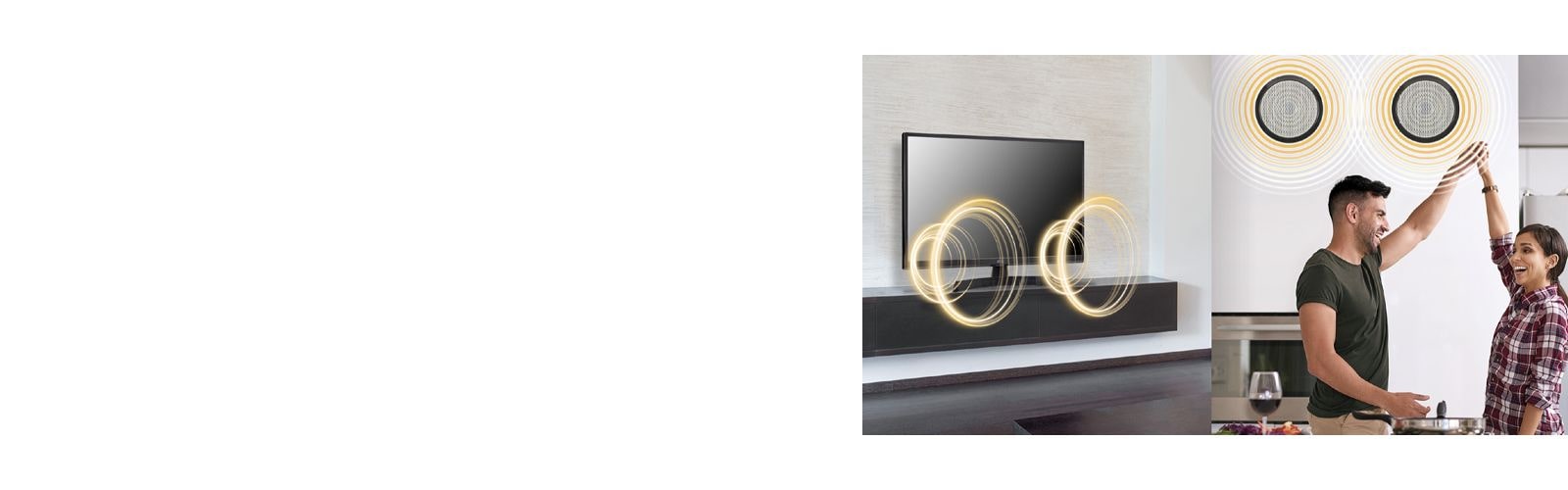 A TV is making sounds in one space, and a man and a woman are listening the sound of TV through external speakers in another space.