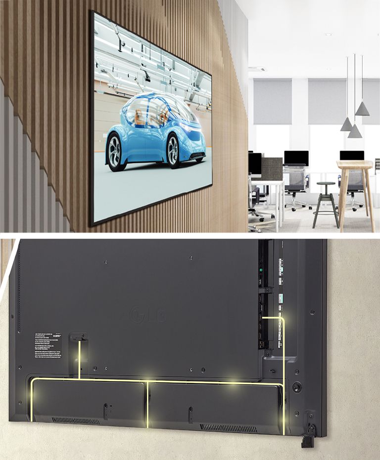 The 65US5P-E with slim bezels is mounted close to the wall, showcasing a rear design that is optimized for space-saving with a simple cable management system.