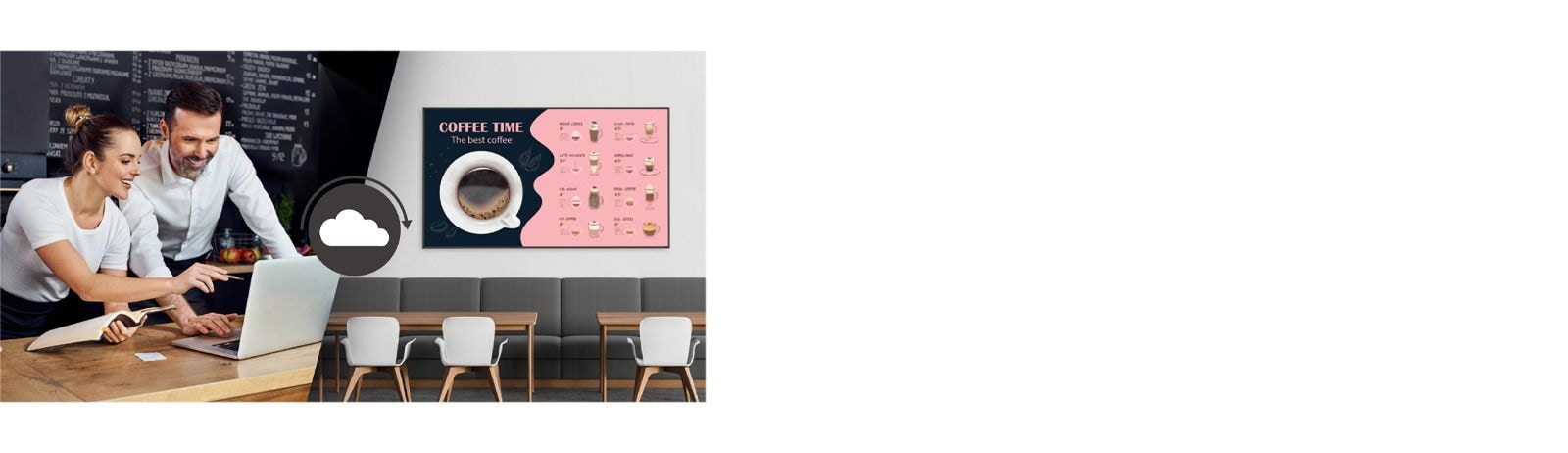 Cafe managers are creating menus that will be displayed on the cafe wall display using content management software.