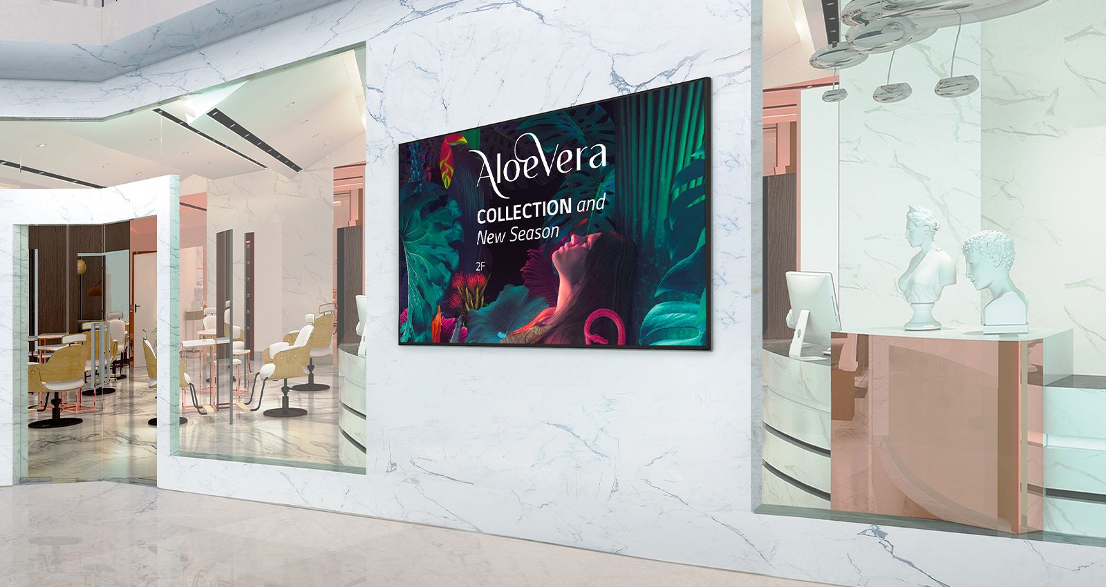 Signage installed on the interior walls of the shopping mall displays advertisements vividly. 