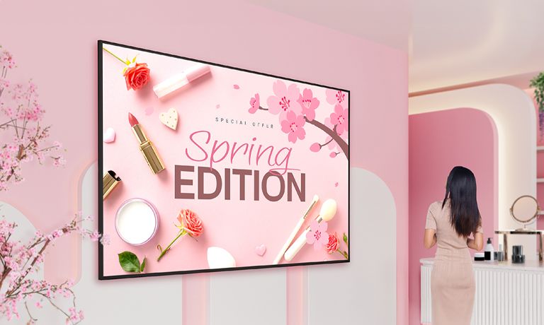 In the cosmetic shop, the UH5N-M is mounted on the wall, and its slim design and uniform bezel seamlessly blend with the interior.	