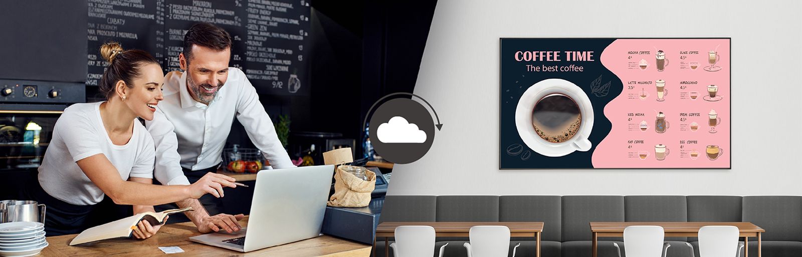 Cafe managers are creating menus that will be displayed on the display installed on the cafe wall using content management software. 