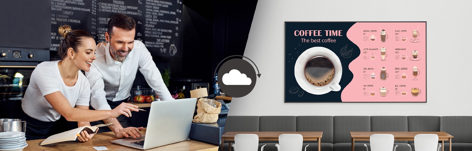 Cafe managers are creating menus that will be displayed on the display installed on the cafe wall using content management software.	