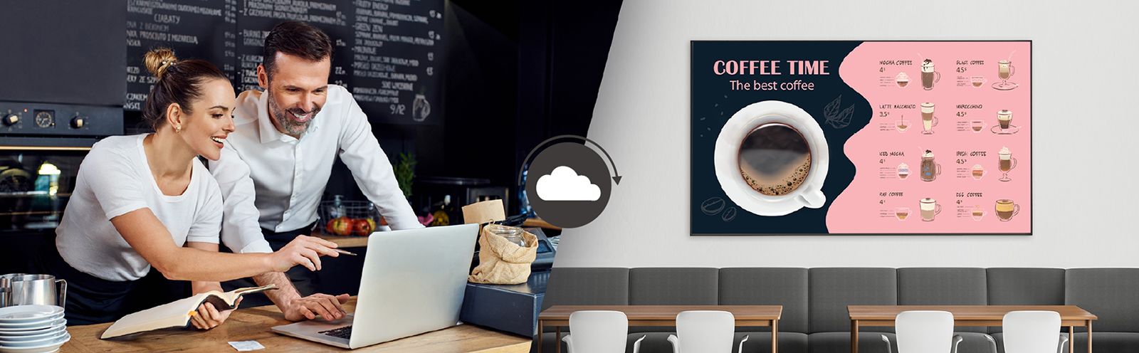 Cafe managers are creating menus that will be displayed on the display installed on the cafe wall using content management software.