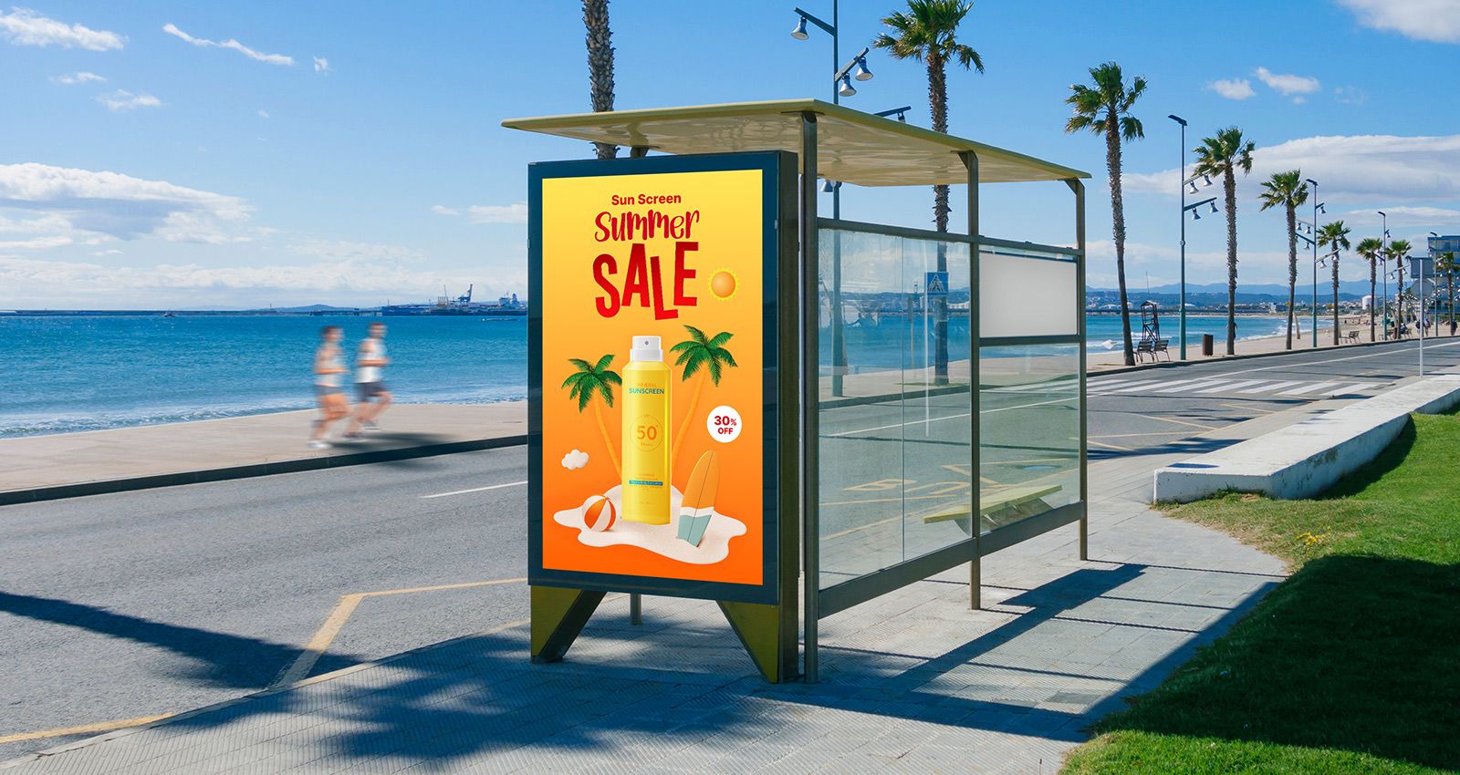 There is an 75XF3PS installed on the side of the bus stop, vividly displaying ads even in bright sunlight.