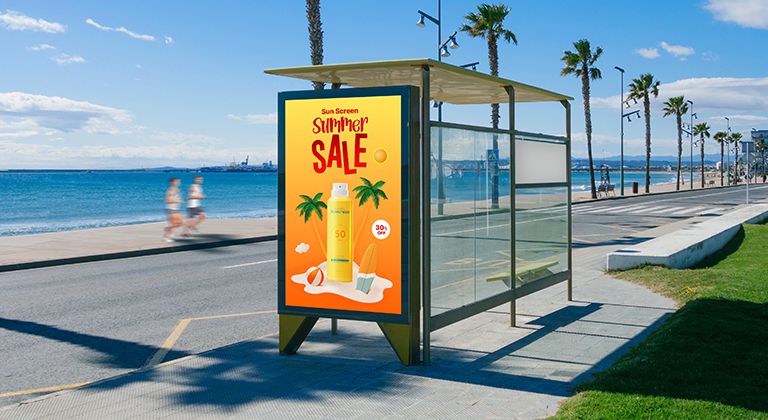 There is an 75XF3PS installed on the side of the bus stop, vividly displaying ads even in bright sunlight.