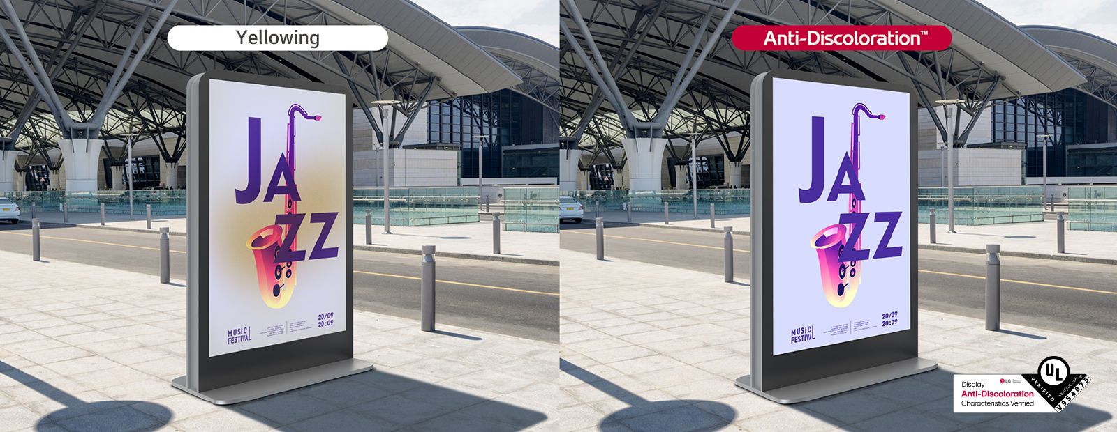The display on the left shows yellowing, degrading its quality, but with XF3PS, which acquired the UL Verification for Display Anti-Discoloration Characteristics, the screen, as shown on the right, remains clear, safeguarding display quality.