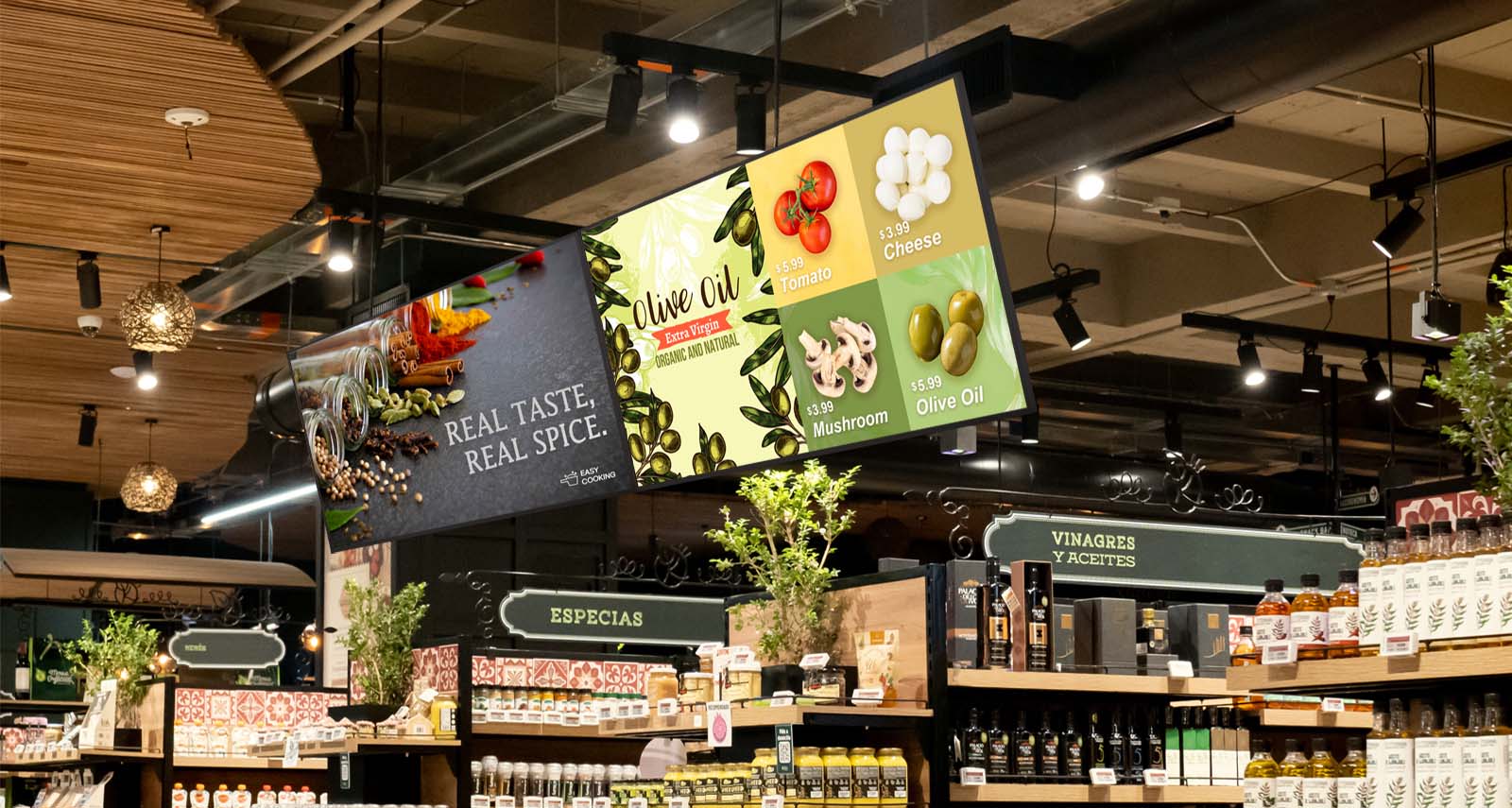 Two UP5Q-E displays are installed side by side in the mart. The left screen displays advertisements in full screen, while the right one shows ads in a split-screen layout.