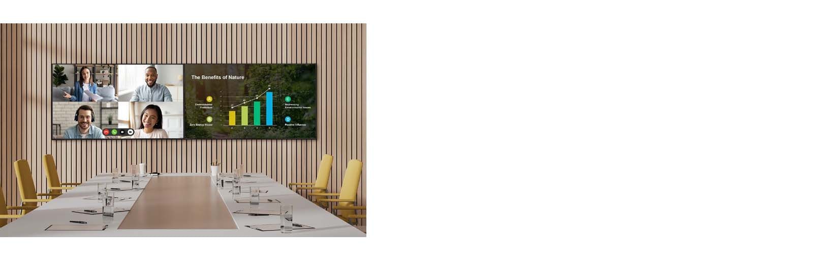 Two UP5Q-E displays are installed side by side in the meeting room. One display features a four-way multi-screen setup showing video conference participants, while the other presents meeting materials in full screen.