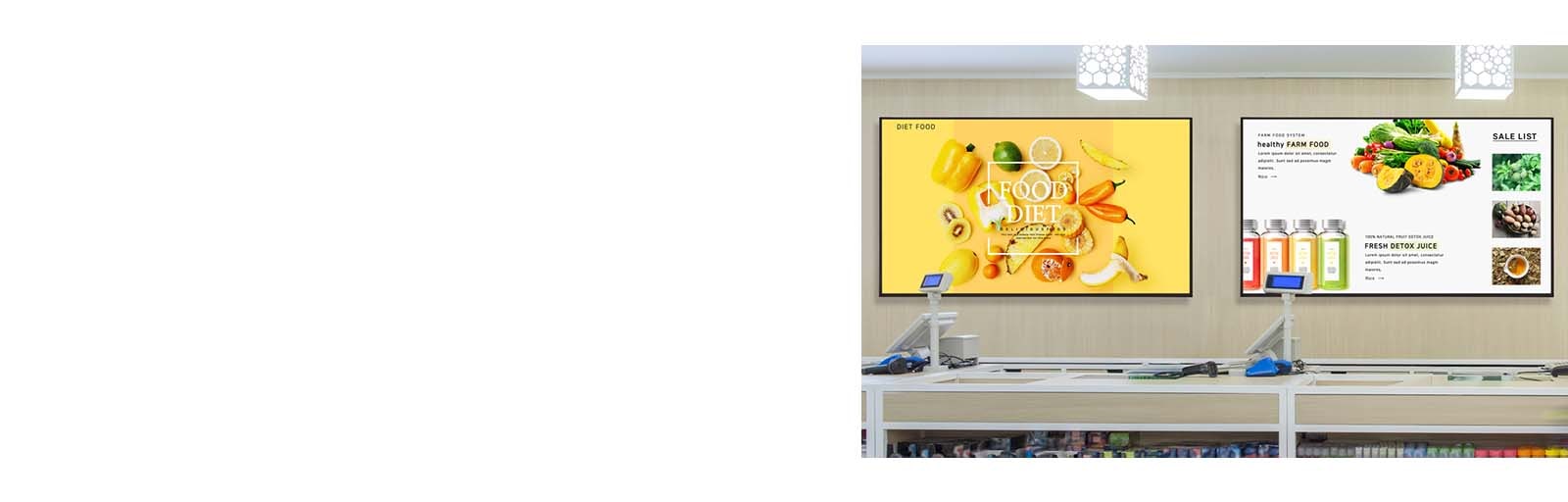 Inside the convenience store, two UP5Q-E displays are mounted on the wall, each vividly and seamlessly showcasing advertisements.