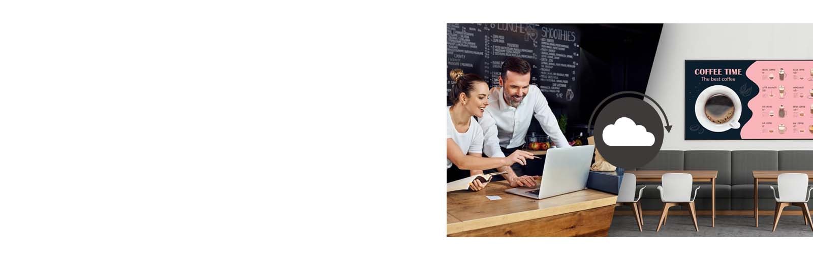 Cafe managers are creating menus that will be displayed on the display installed on the cafe wall using content management software.