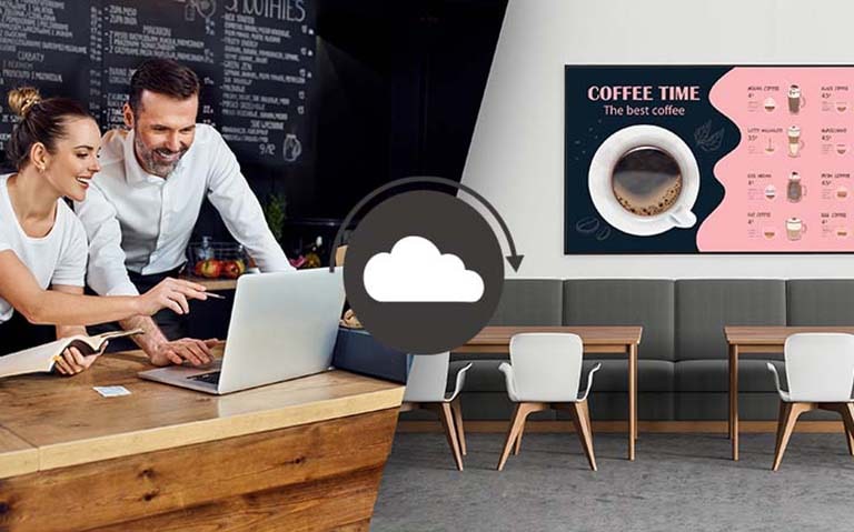 Cafe managers are creating menus that will be displayed on the display installed on the cafe wall using content management software.