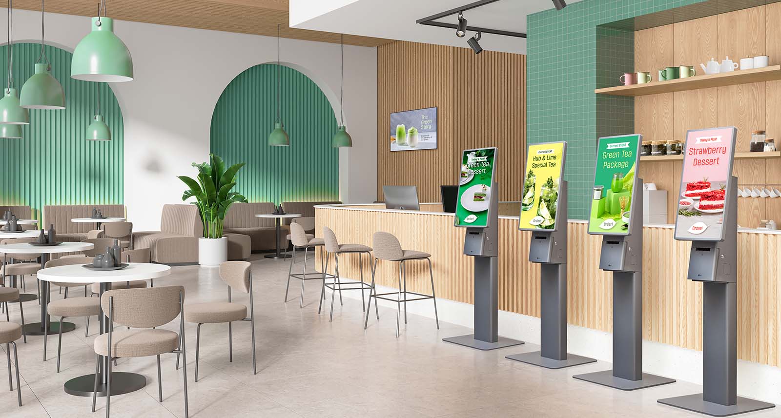 There are four LG Kiosks placed side by side in a cafe, each displaying different menu advertisements on their standby screens.