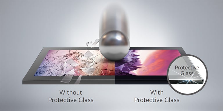 When a strong impact hits the front glass from the outside, a display without protective glass breaks, but the XE4P minimizes damage with protective glass.
