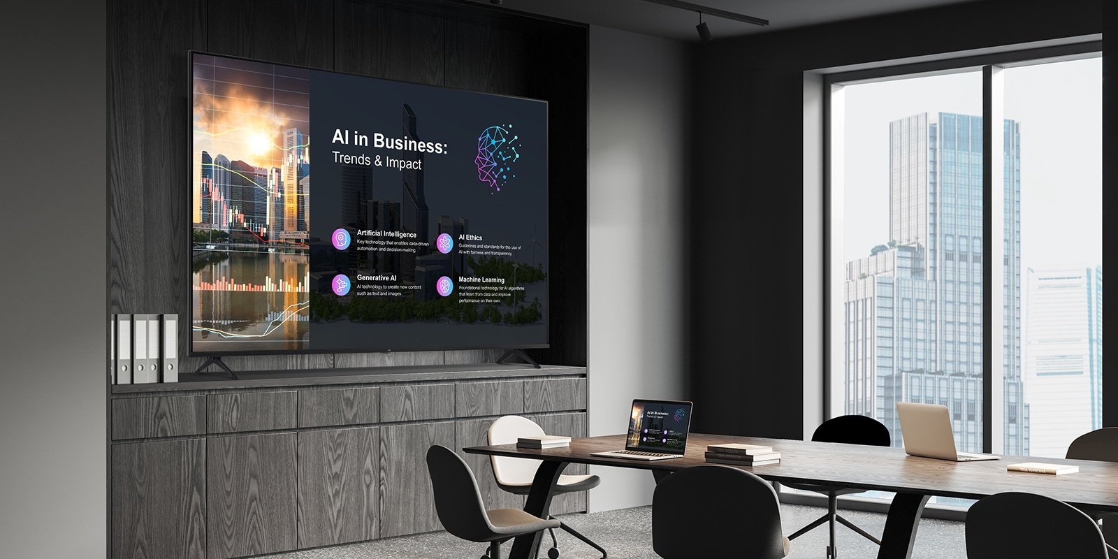 A TV Signage is installed in the meeting room, clearly showing the same meeting materials as those on a laptop screen placed on the table.