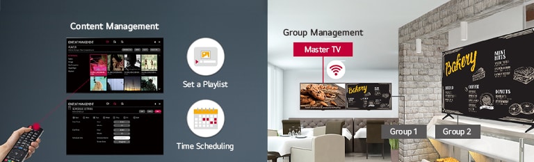 Easily set the playlist and time scheduling with a remote controller using the display-embedded content management function. Group management is supervised through the Master display, Group 1, and Group 2 displays.