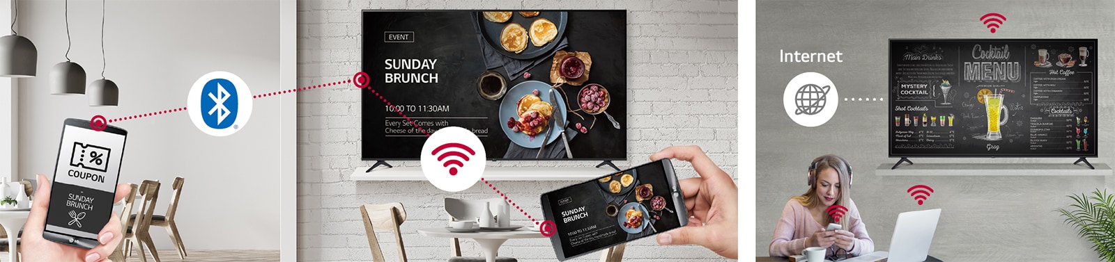 The store manager is offering coupons to customers via Bluetooth. At the same time, menus are being promoted by mirroring a mobile phone screen to a display installed in the store via Wi-Fi. A PK640S is placed near the wall, and a woman is using a personal PC and mobile phone. This image shows that the signage can operate as a virtual router so that the PC and mobile phone can connect to the internet wirelessly.