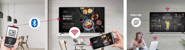 The store manager is offering coupons to customers via Bluetooth. At the same time, menus are being promoted by mirroring a mobile phone screen to a display installed in the store via Wi-Fi. A PK640S is placed near the wall, and a woman is using a personal PC and mobile phone. This image shows that the signage can operate as a virtual router so that the PC and mobile phone can connect to the internet wirelessly.