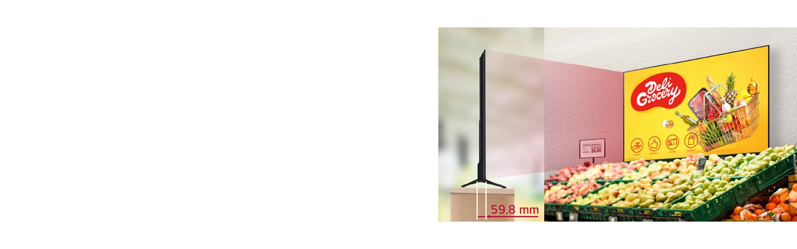 A PK340S is installed in a grocery store, with a close-up side view showing its slim design.