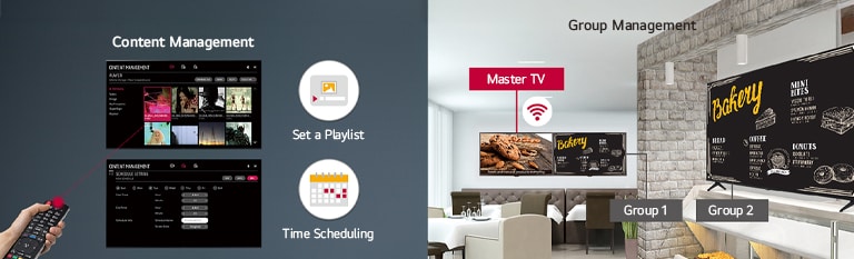 Easily set the playlist and time scheduling with a remote controller using the display-embedded content management function. Group management is supervised through the Master display, Group 1, and Group 2 displays.