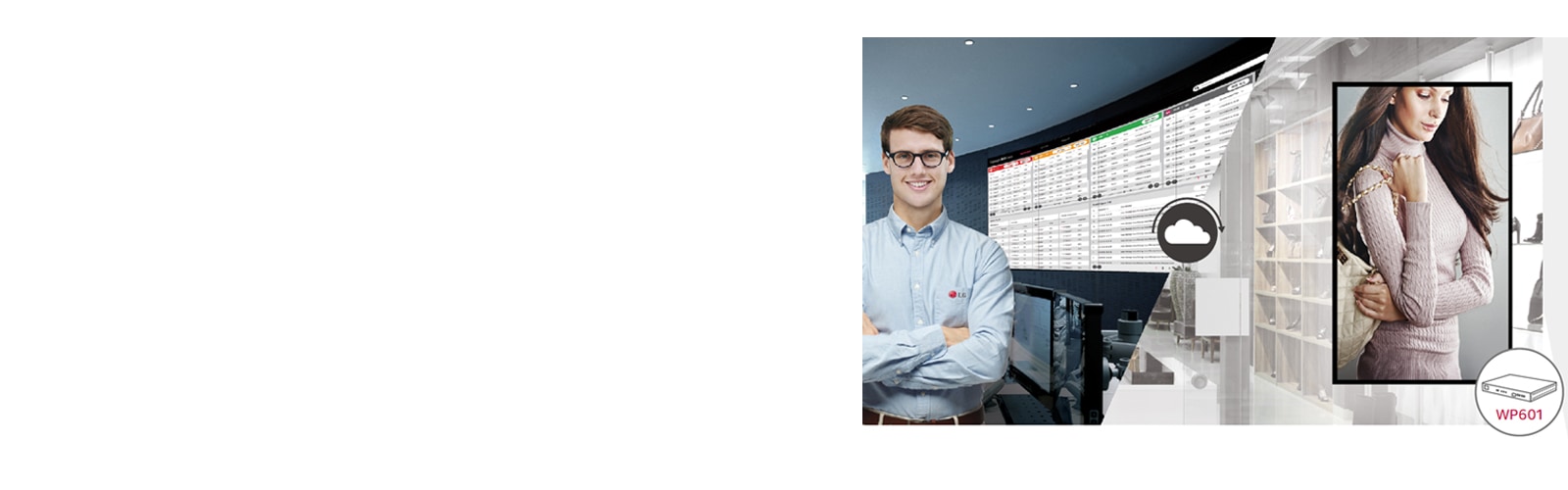 An LG employee is remotely monitoring LG digital signages in other locations using a cloud-based LG monitoring solution.