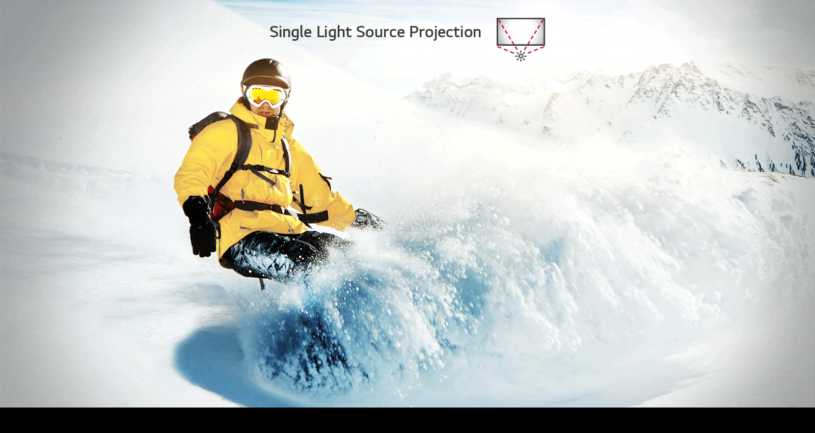 A man is shown snowboarding down a snowy mountain. In this scene, the edges of the screen are darkened using Single Light Source Projection, while the Self-Emissive LED Screen shows the color distinctly and clearly.