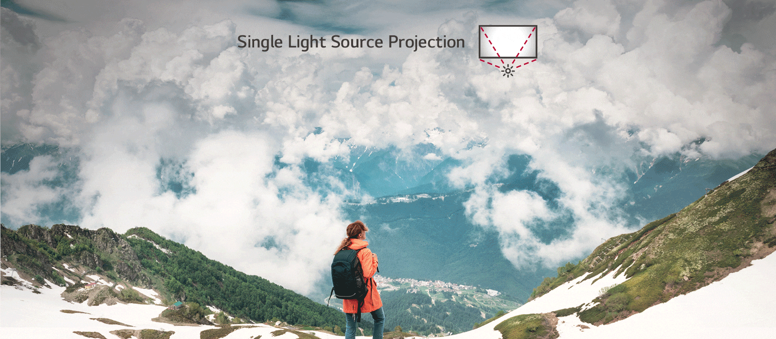 A person is standing on a snowy mountain. In this scene, the edges of the screen are darkened using Single Light Source Projection, while the Self-Emissive LED Screen shows the color distinctly and clearly.