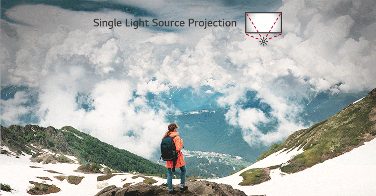A person is standing on a snowy mountain. In this scene, the edges of the screen are darkened using Single Light Source Projection, while the Self-Emissive LED Screen shows the color distinctly and clearly.