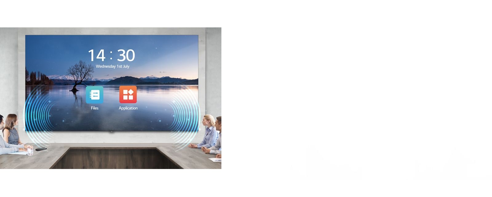 People have a meeting while watching the display and listening sound with the LAEC and its built-in speaker, installed in the meeting room.