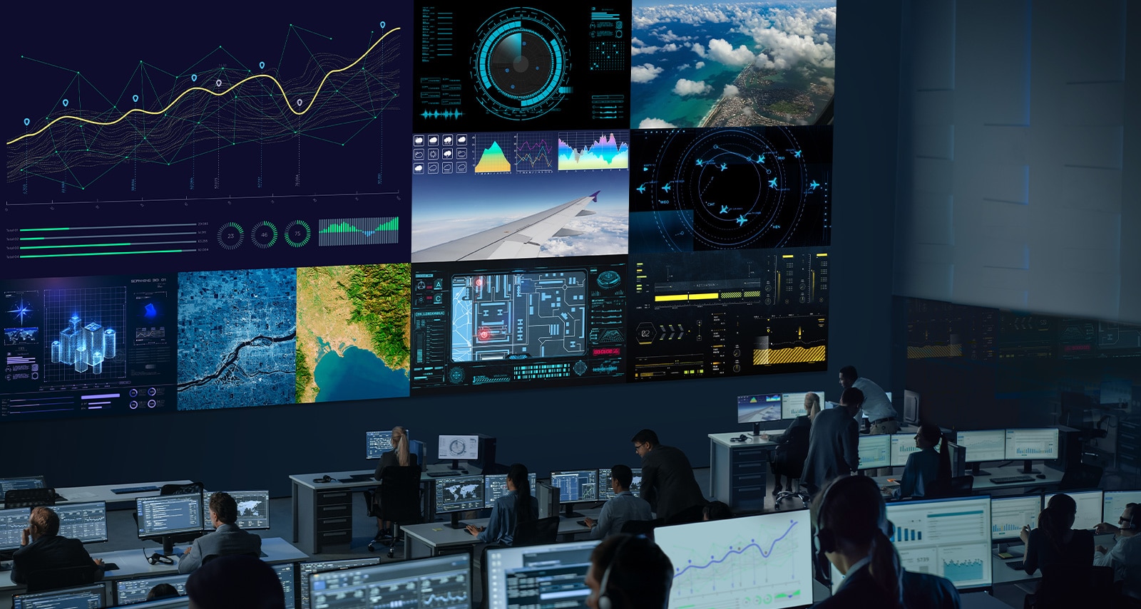 The control room has a large screen that is divided into sections, providing detailed and clear information. It is being monitored by a large number of people.