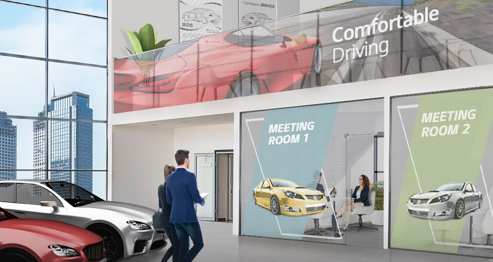 Transparent LED films are attached to the offices’ glass walls and the handrail glass inside the car dealership, and they are showing car advertisements well.