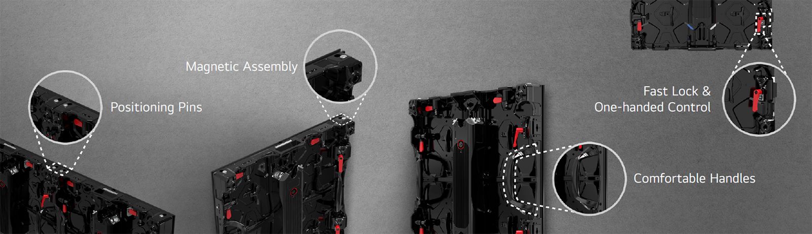 The 'Positioning Pins', 'Magnetic Assembly', 'Comfortable Handles', and 'Fast Lock & One-handed Control' parts in the cabinet are enlarged.