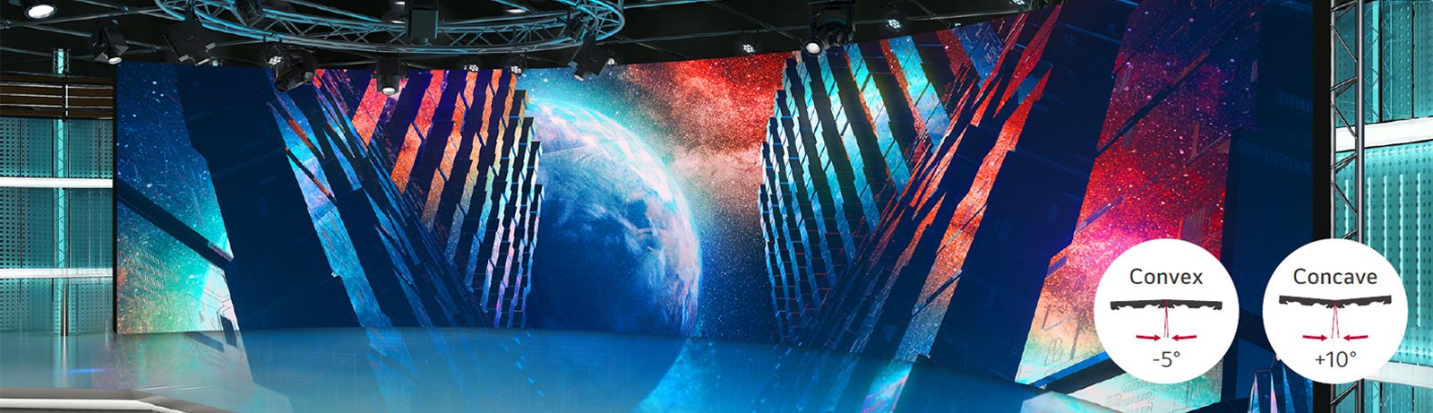 Curved LED walls are installed in a studio.