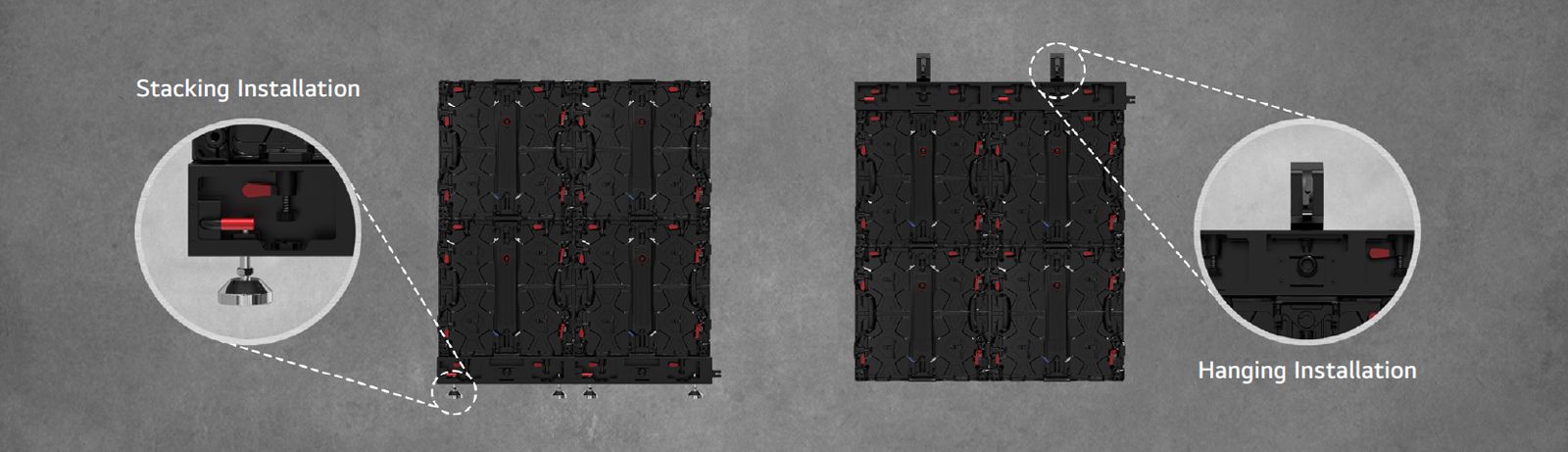 The part where the cabinet can be installed either as stacking or hanging is enlarged and shown.