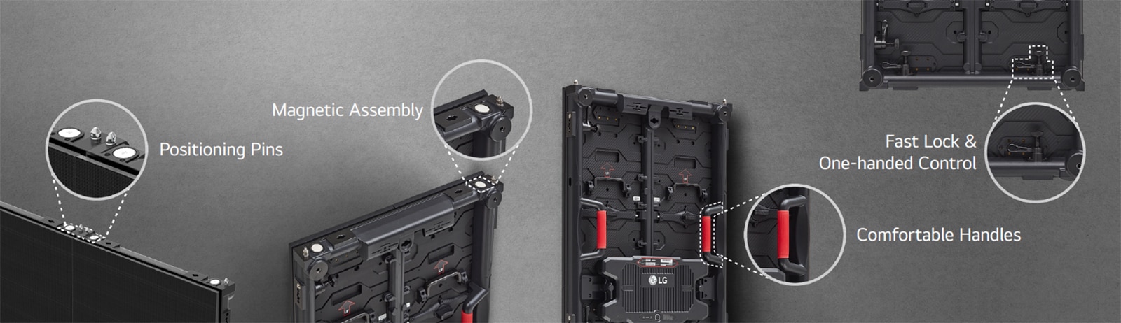 The 'Positioning Pins', 'Magnetic Assembly', 'Comfortable Handles', and 'Fast Lock & One-handed Control' parts in the cabinet are enlarged.