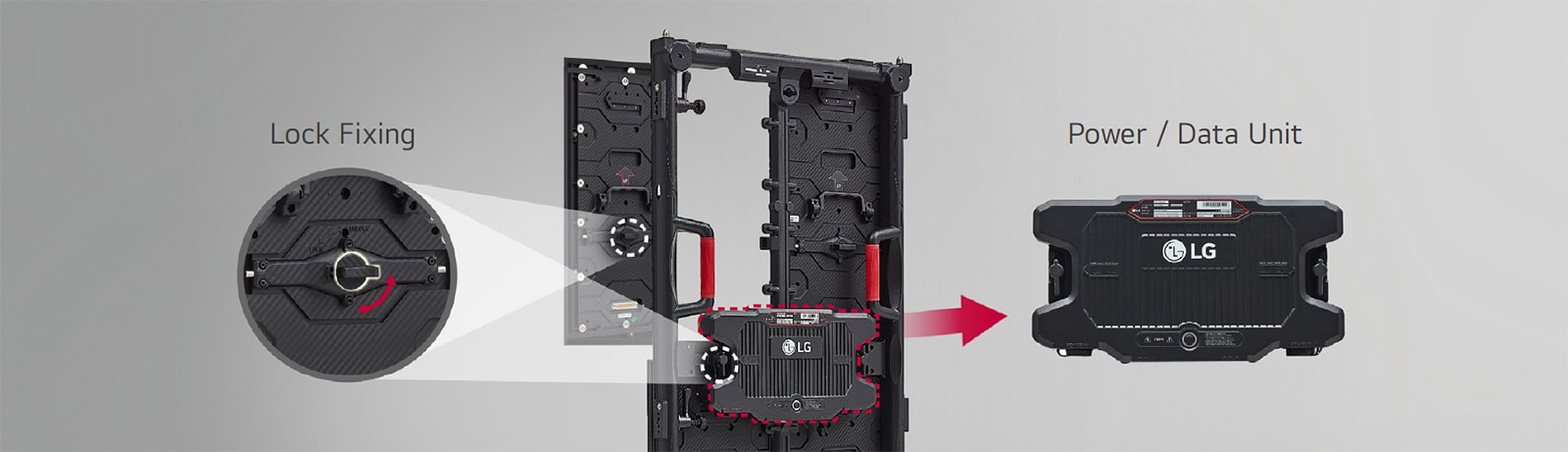 It is demonstrating that a simple Lock Fixing method allows for convenient replacement of the cabinet's Power/Data Unit.
