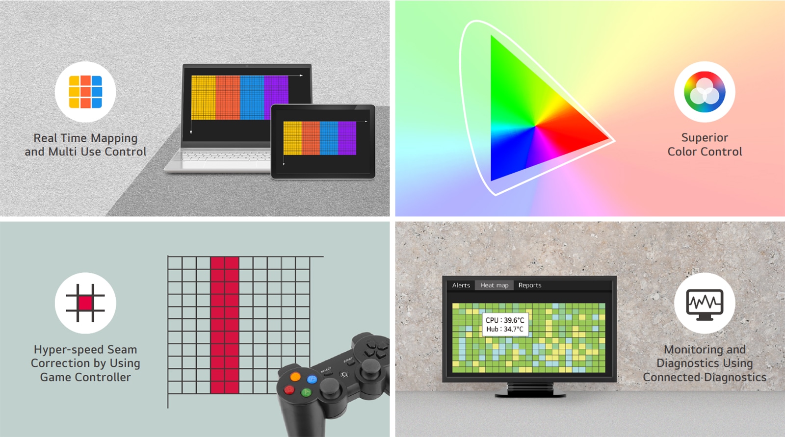 The Megapixel VR HELIOS LED processing platform provides access to the features such as Real-Time Mapping and Multi-Use Control, Superior Color Control, Hyper-Speed Seam Correction using a Game Controller, and Monitoring and Diagnostics using Connected Diagnostics.
