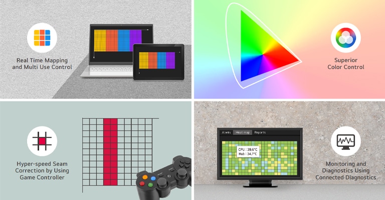 The Megapixel VR HELIOS LED processing platform provides access to the features such as Real-Time Mapping and Multi-Use Control, Superior Color Control, Hyper-Speed Seam Correction using a Game Controller, and Monitoring and Diagnostics using Connected Diagnostics.