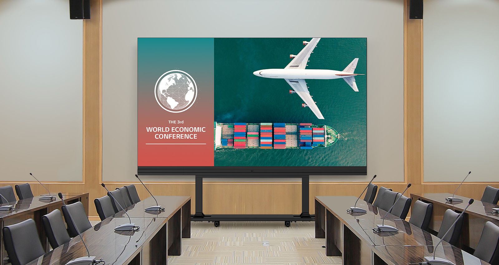 In a spacious meeting room with long tables on both sides, the LABB is placed on a stand in front of the wall. The LABB screen displays meeting content vividly.