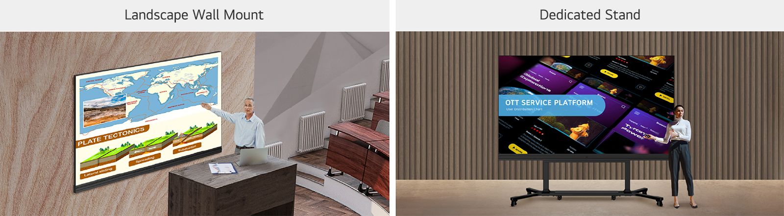 The LABB is mounted in a lecture hall using a landscape wall mount. The LABB using a dedicated stand is positioned at the center of the event hall stage.