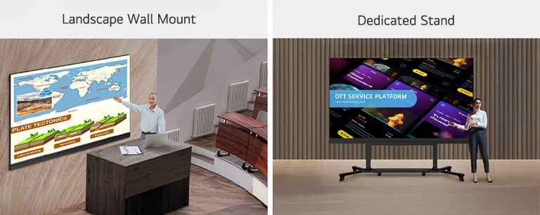 The LABB is mounted in a lecture hall using a landscape wall mount. The LABB using a dedicated stand is positioned at the center of the event hall stage.