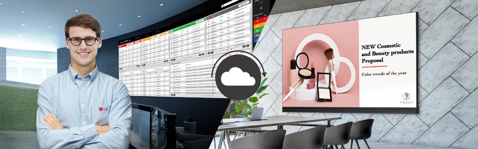 The IT manager is remotely monitoring the LABB All-in-One LED screen installed in a different place using LG ConnectedCare, a cloud-based monitoring solution by LG.