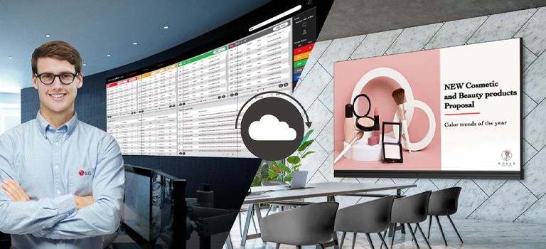 The IT manager is remotely monitoring the LABB All-in-One LED screen installed in a different place using LG ConnectedCare, a cloud-based monitoring solution by LG.
