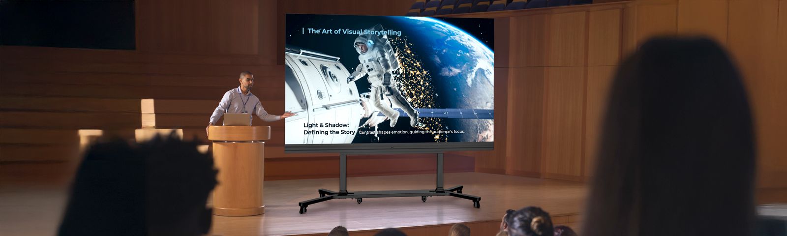 The LABB is placed on a dedicated stand at the lecture hall stage, vividly displaying class content on its high-contrast screen.