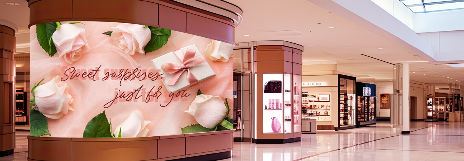 The LSCD is installed along the wide, curved surface of a pillar in a shopping mall, seamlessly displaying advertisements across the curved LED screen.