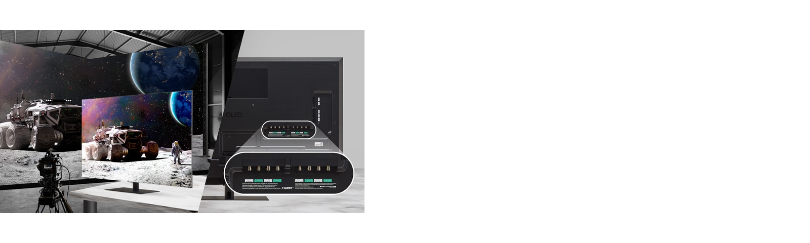 The left image shows content being monitored in a studio using the 65EP5Q, while the right image displays a close-up of the 65EP5Q’s rear interface, showcasing its diverse input and output options.