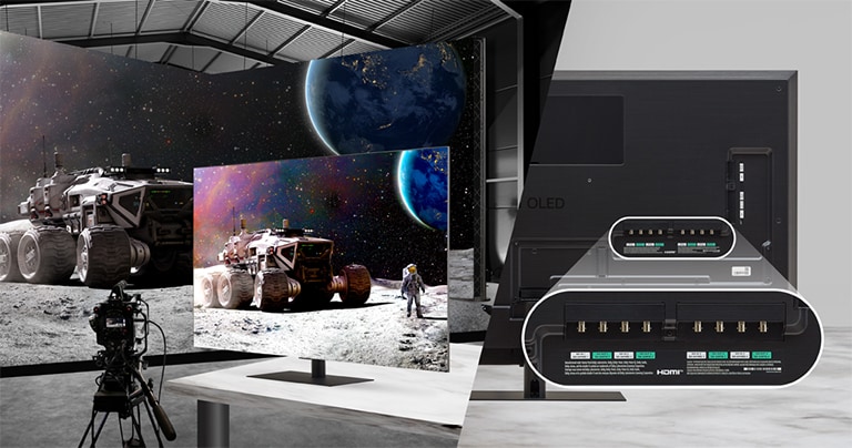 The left image shows content being monitored in a studio using the 65EP5Q, while the right image displays a close-up of the 65EP5Q’s rear interface, showcasing its diverse input and output options.